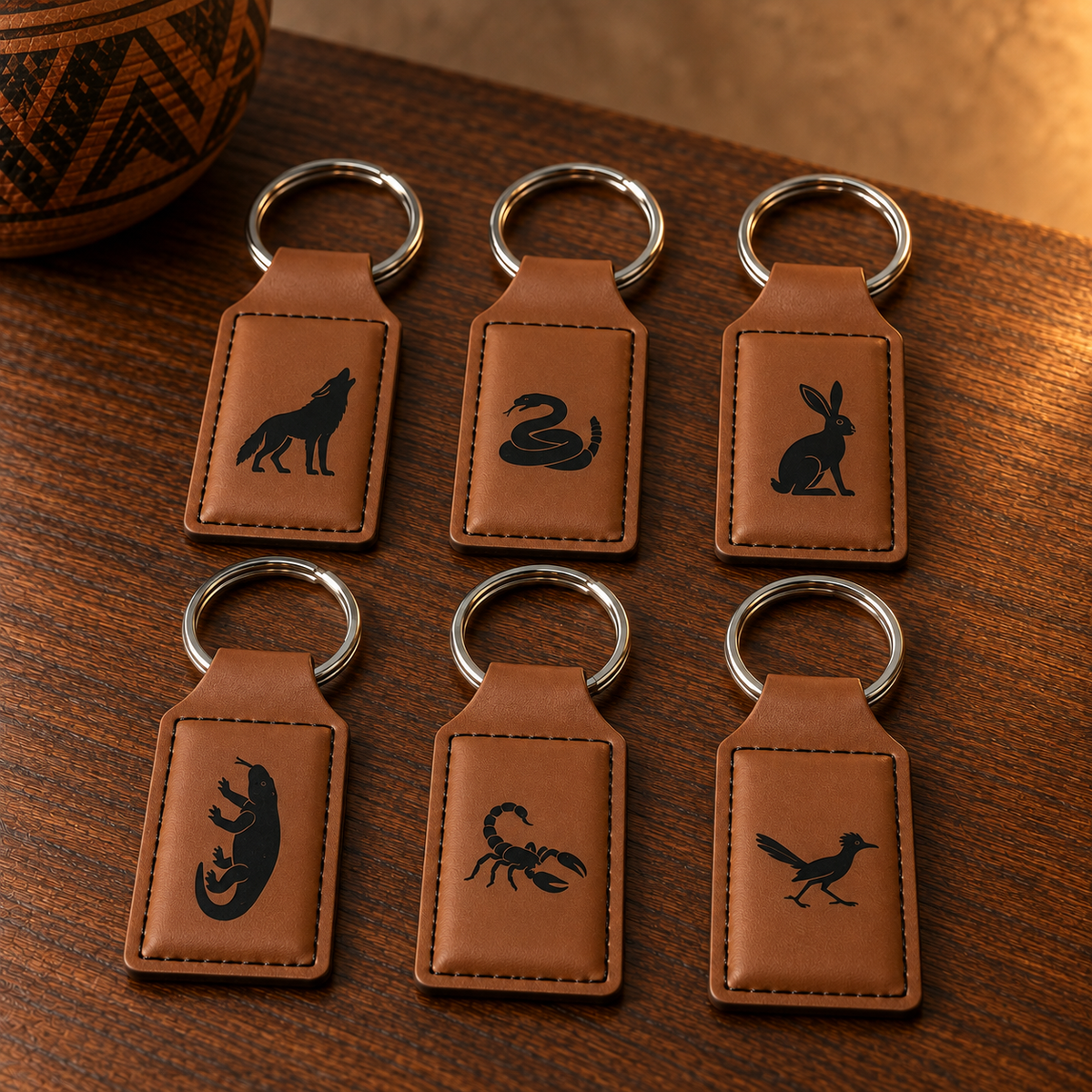 Product render showing all six creature keychain designs: coyote, rattlesnake, jackrabbit, Gila monster, scorpion and roadrunner