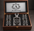 Anderson monogram gift set rendering with empty gold-rim glasses and decanter, acrylic inner lid recessed into black foam