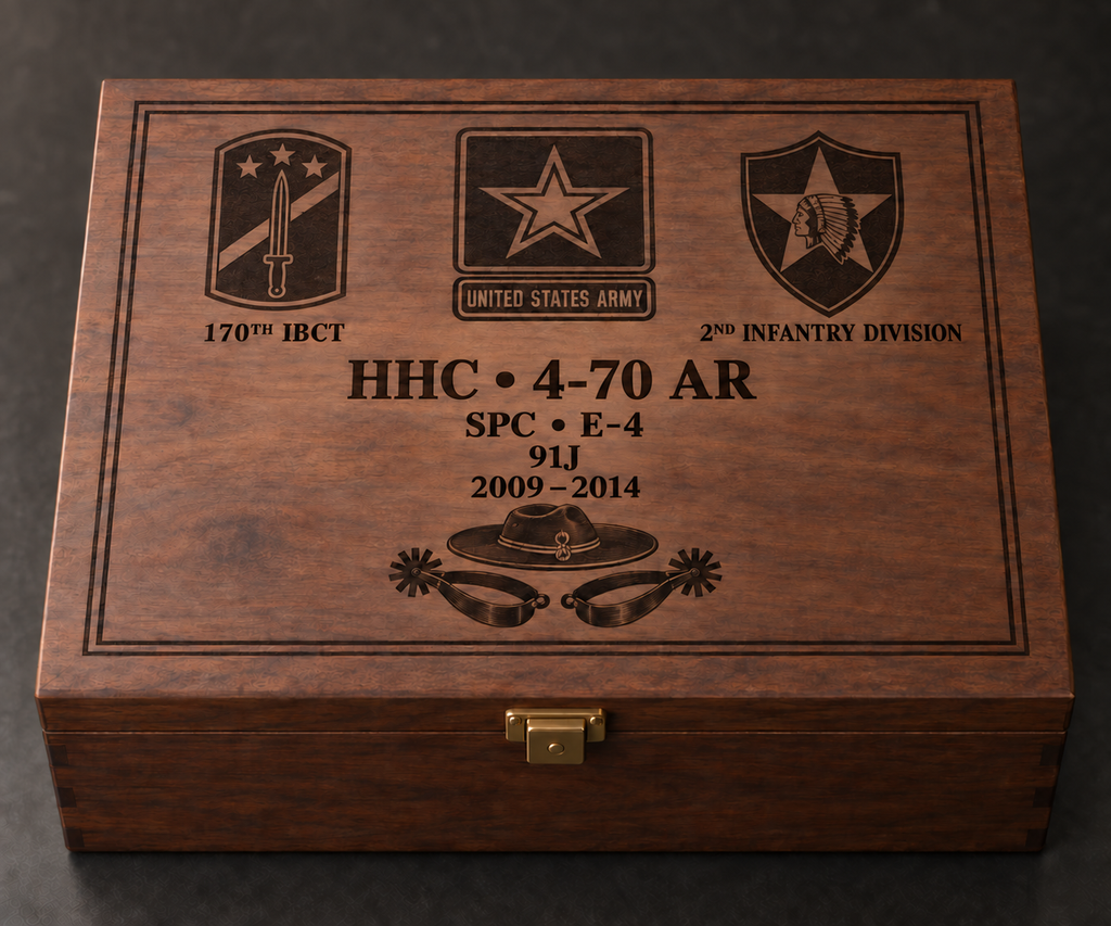 Fully customized military service decanter gift set rendering — closed box with personalized Army service artwork