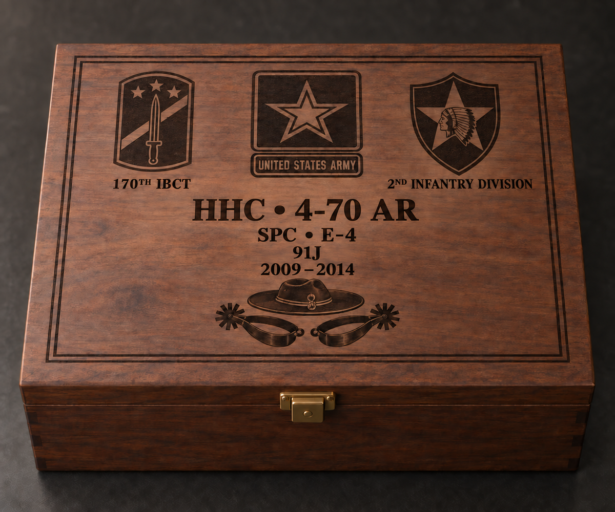 Fully customized military service decanter gift set rendering — closed box with personalized Army service artwork