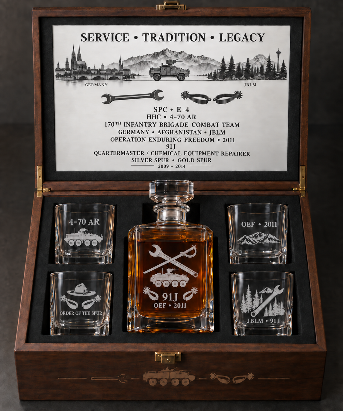 Fully customized military service decanter gift set rendering — open box with engraved decanter, four glasses and acrylic inner lid