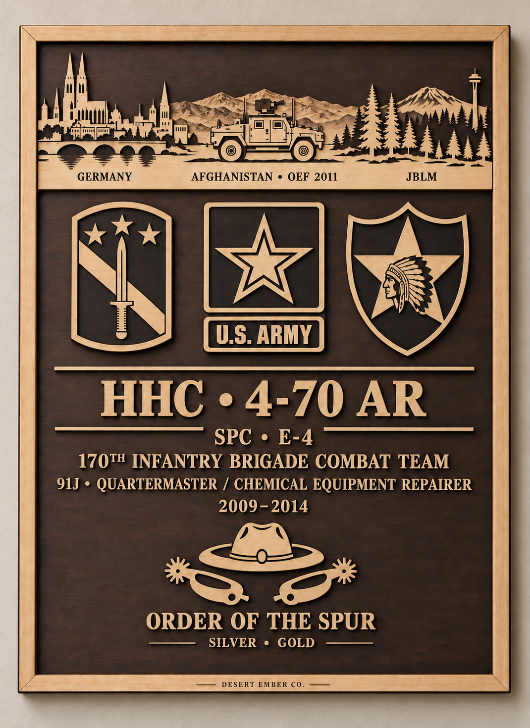 Custom layered wood military service wall art rendering with personalized Army unit details and landscapes