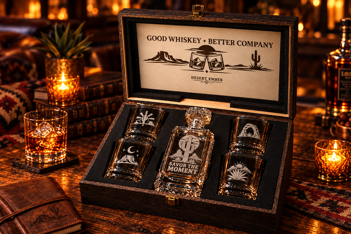Premium Desert Ember Decanter Gift Set lifestyle ad image – rustic bar setting with warm candlelight
