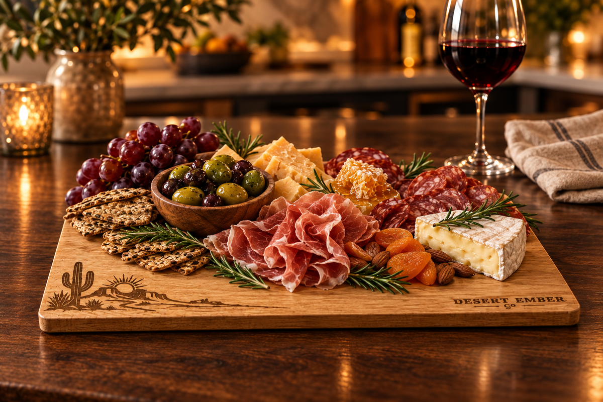 Desert Horizon Hardwood Serving Board lifestyle ad image – charcuterie spread in kitchen setting