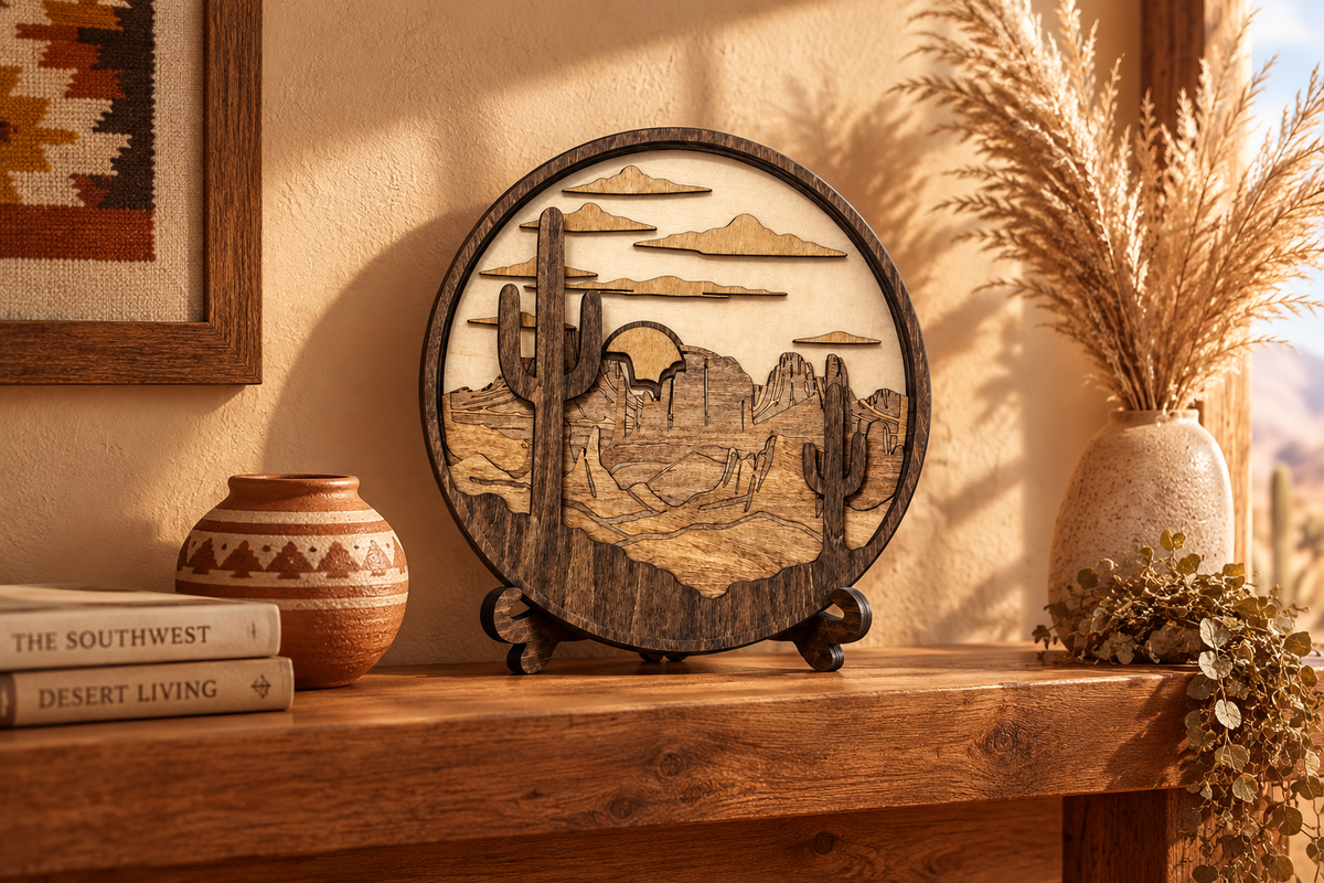 The Sentinel Wall Art lifestyle ad image – warm Southwest living room setting