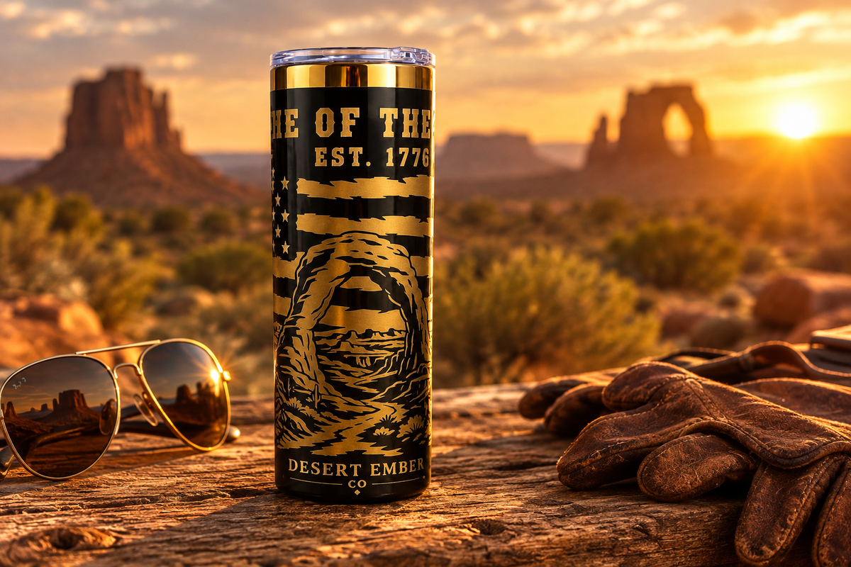 Desert Ember 20oz Skinny Tumbler lifestyle ad image – golden hour desert outdoor setting