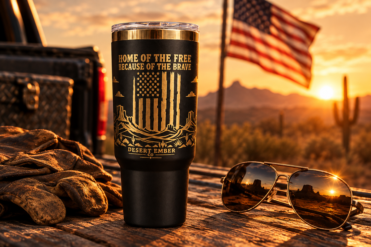 Desert Ember 40oz Engraved Tumbler lifestyle ad image – patriotic sunset outdoor scene