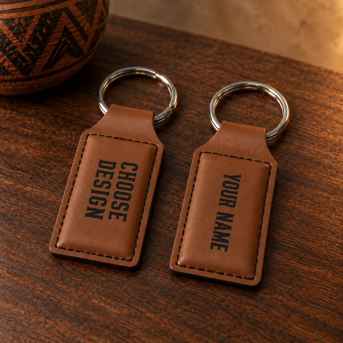 Customization render showing CHOOSE DESIGN and YOUR NAME as example placements on brown PU leather keychains