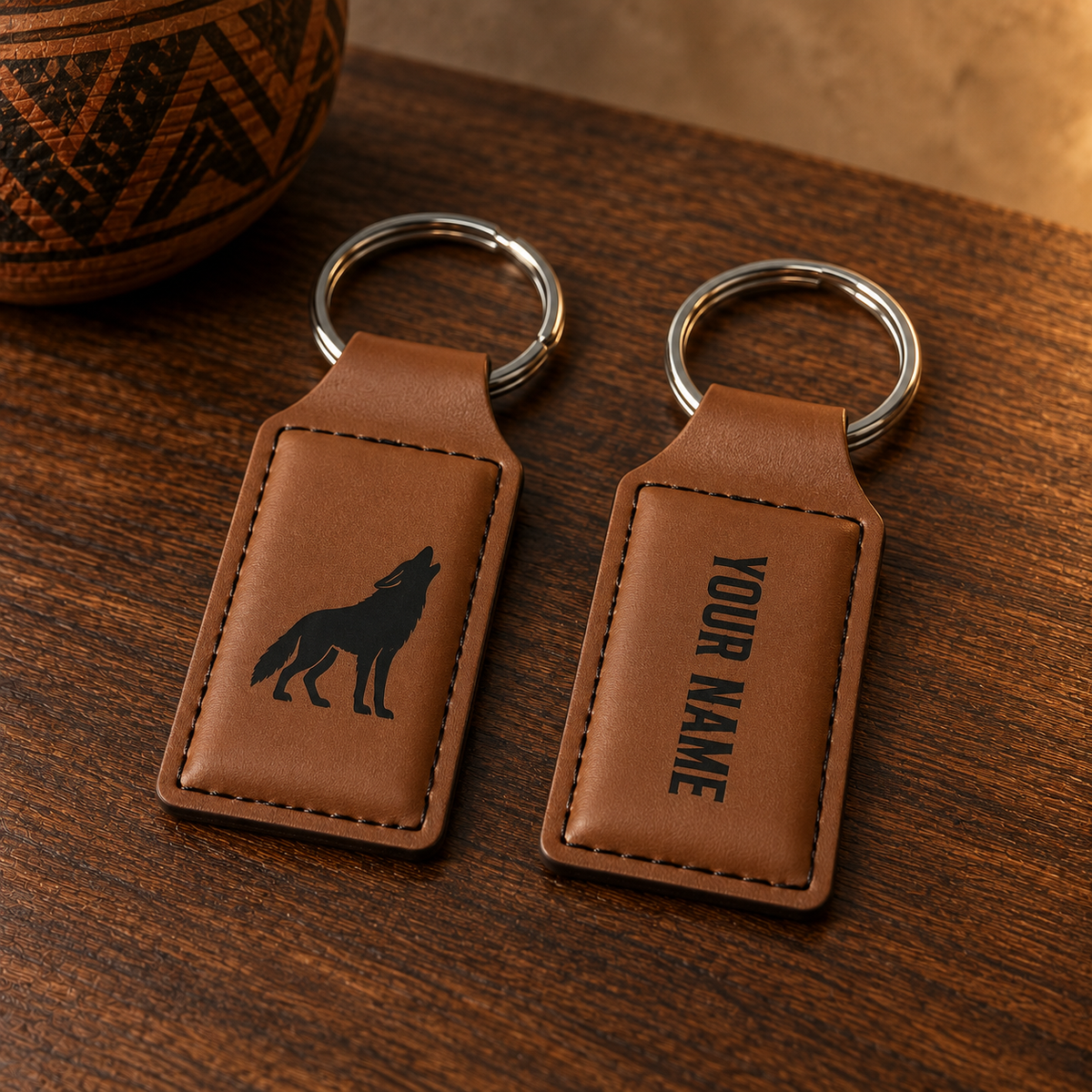 Product render of brown PU leather keychains with a coyote design and YOUR NAME personalization example