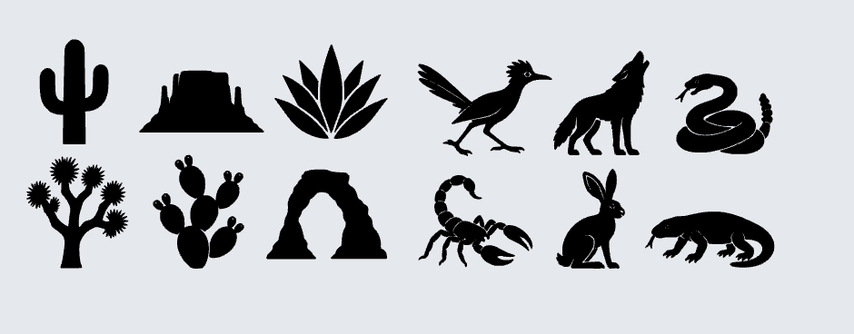 Artwork options: saguaro, desert mesa, agave, Joshua tree, prickly pear, desert arch, roadrunner, coyote, rattlesnake, scorpion, jackrabbit and Gila monster